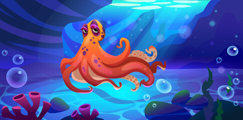 Octopus cartoon character swimming underwater. Vector seabed landscape with corals, seaweeds and bubbles deep under water. Marine animal with tentacle and cute face on bottom of ocean or aquarium.
