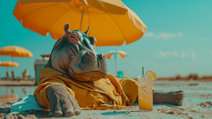 Naklejka premium A Hippos in human clothes lies on a sunbathe on the beach, on a sun lounger, under a bright sun umbrella, drinks a mojito with ice from a glass glass with a straw, smiles, summer tones, bright rich co