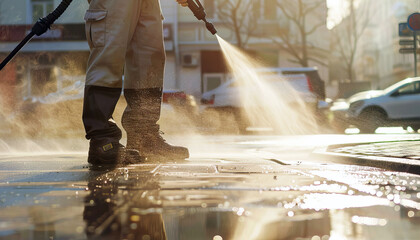 a man washes the sidewalk and curb in the city with a high pressure washer in the sun early in the morning - obrazy, fototapety, plakaty