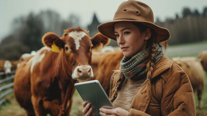 Female farmer using tablet to stand next to cows in cattle farm