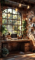 Obraz premium Room With Brick Wall and Lots of Windows