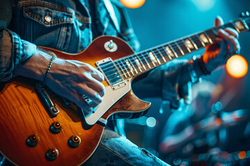 A guitarist playing an electric guitar on stage close-up