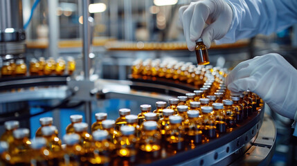 Gloved hands inspect vials on a pharmaceutical line, ensuring quality as machines diligently craft glass bottles in a bustling drug manufacturing facility.