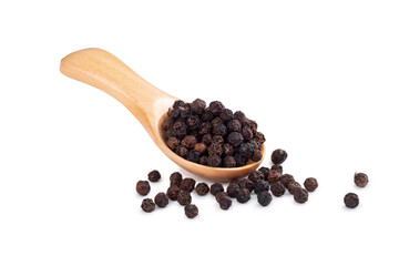 Wooden spoon with black pepper and peppercorns isolated on a white background, close up