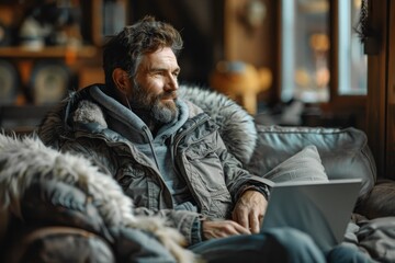 Fototapeta premium Man Sitting on Couch Using Laptop Computer