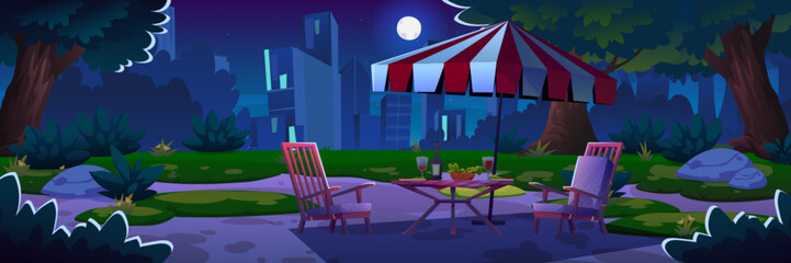 Romantic picnic or street cafe in city park at night. Cartoon evening dusk cityscape with table, two chairs and wine in glasses under umbrella. Outdoor date or dinner for couple under moonlight.