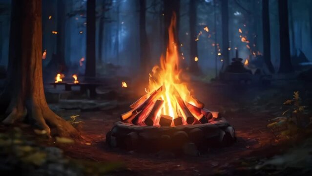 campfire burning animation in the forest 
