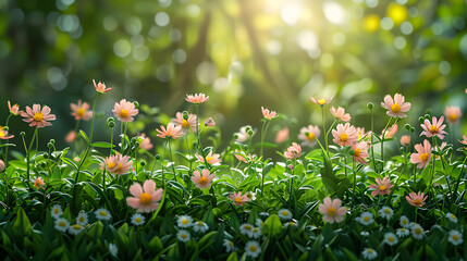 field of flowers 4k background, A field of orange flowers with the sun shining on the background