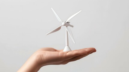 Hand holding wind turbine on white background. Renewable energy concept.