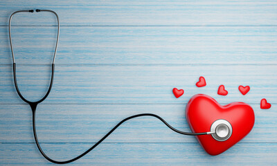 Medical stethoscope On the blue plank floor. Small and large red heart shaped models. 3D Rendering.