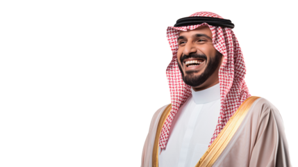 Positive Saudi man smiling, happy expression, isolated on transparent background
