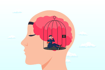 Businessman trapped inside birdcage on human head brain, struggle prison mind, fixed mindset trapped inside psychology, stressed anxiety or overworked, slavery, despair prisoner or depression (Vector)