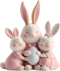 A 3d family of bunnies in pink attire, cuddling around an Easter egg. Generative AI