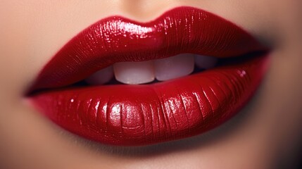 Classic Bold Red Glossy Lipstick on Lush Lips Close-Up