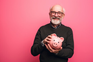 Smiling old man holding his piggy bank