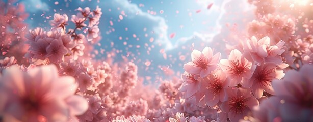 Fototapeta na wymiar Ethereal Cherry Blossoms Against Blue Sky, Perfect Banner