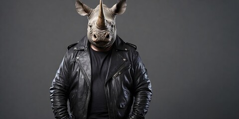Fototapeta premium Portrait of a rhinoceros in sunglasses and a leather jacket on a dark background. Advertising banner with copy space. Creative animal concept.