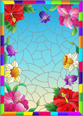 Illustration in stained glass style with a flower arrangement of Bluebell, daffodil, hibiscus and Lily on a blue background in a frame