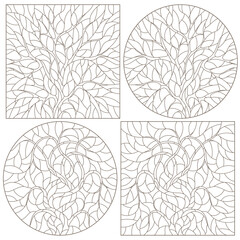 A set of contour illustrations in the style of stained glass with abstract trees, dark contours on a white background