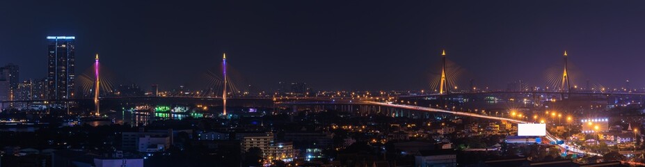 Panorama view of Rama IX and new frontage bridge. Bhumibol Bridge, most important lanmark, Bangkok...