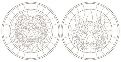 Set contour illustrations of stained glass with a lion's and tiger's head, dark contours on white background