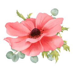 A watercolor floral composition featuring pink anemones, fresh greenery, and eucalyptus leaves. isolated object for use in design projects, wedding invitations, greeting cards or digital illustrations