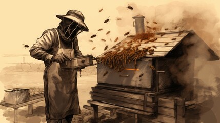 Generative AI Sketch-style drawing of a beekeeper using a smoker to calm bees during hive inspection - obrazy, fototapety, plakaty