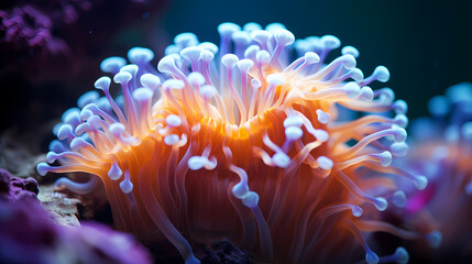 Fototapeta na wymiar Beautiful undersea tropical fluorescent sea anemone on deep sea coral reef