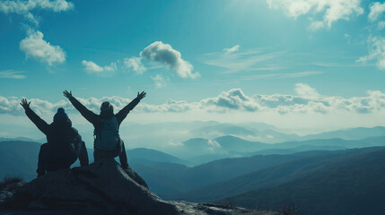 success on mountain top by holding hands up in the air