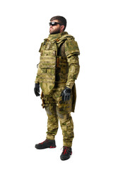 Male soldier in military ammunition isolated on white background