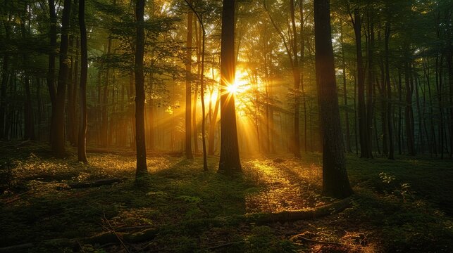 A scene in the morning of the sun shining on the trees in the forest