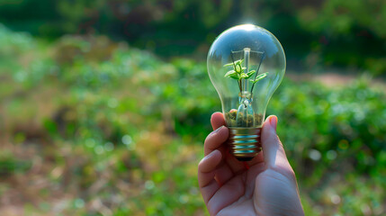 Hand holding a light bulb. Sustainable development and responsible environment, renewable energy