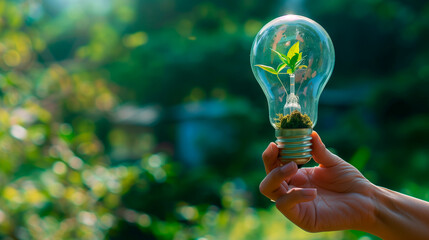 Hand holding a light bulb. Sustainable development and responsible environment, renewable energy
