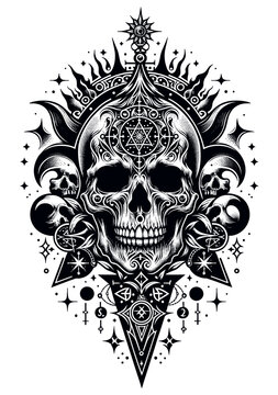 Skeleton Astral Meditation in Dotwork Style, Esoteric and Cosmic Symbols Vector Art