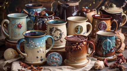 A group of handmade pottery mugs each with a different Worlds Best Dad design. These unique and thoughtful gifts are perfect for sipping coffee or tea and reminiscing on cherished