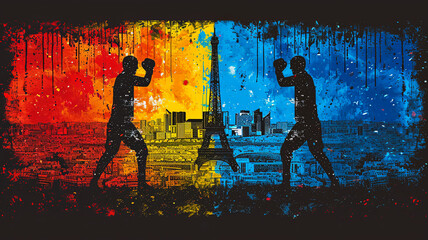 simple line art minimalist collage illustration with professional boxer practicing punches and Eiffel Tower in the background, olympic games, wide lens - obrazy, fototapety, plakaty