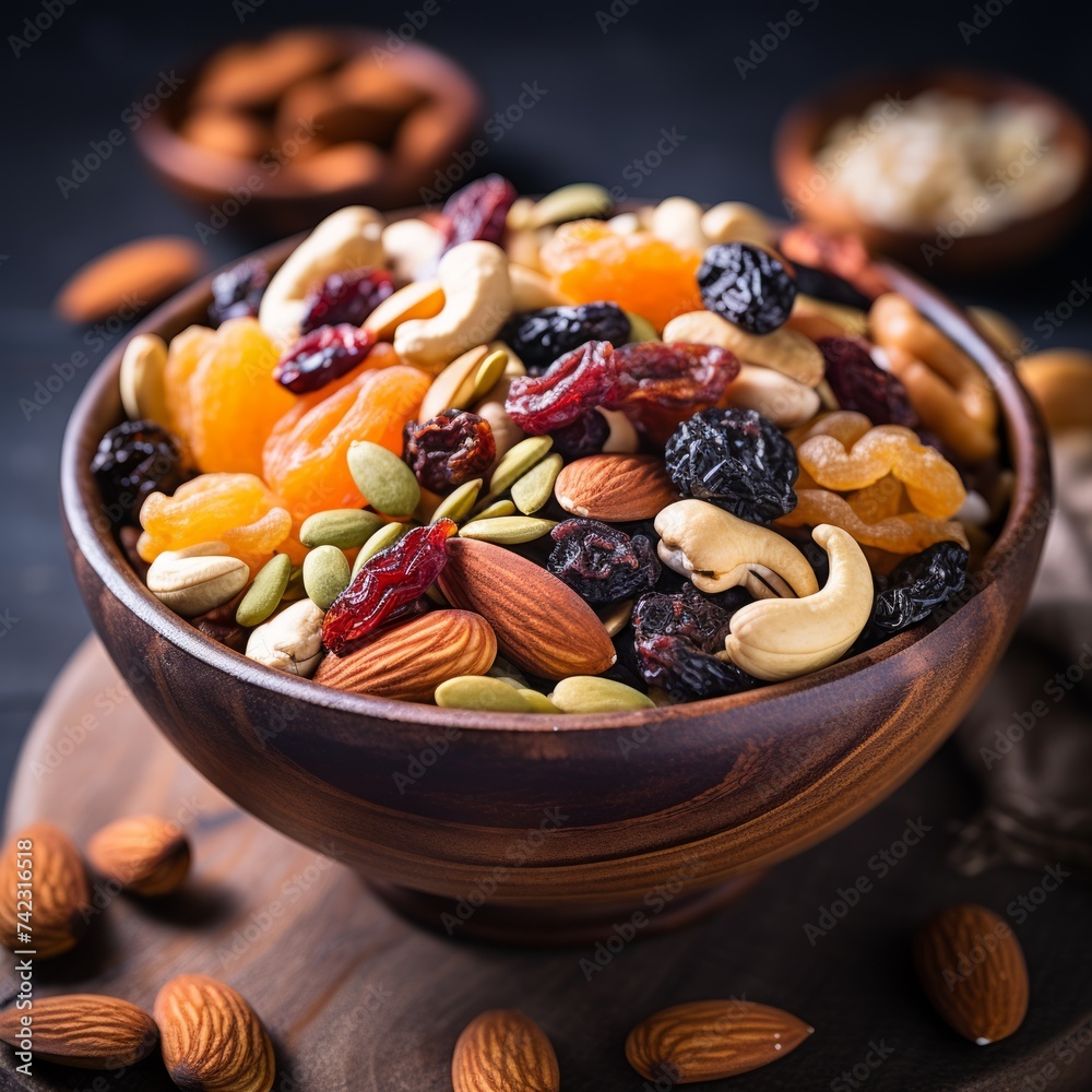 Poster stock image of a bowl of mixed nuts and dried fruits, healthy and energy-boosting snack generative a