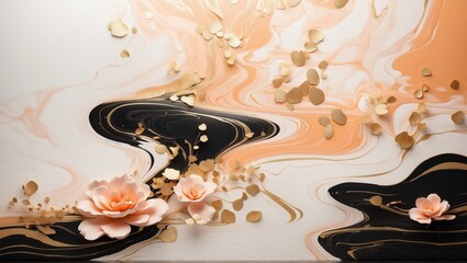 Abstract golden, black and peach marble texture with flowers.Modern, luxurious, elegant style. Art, decor, modern concept. Suitable for wallpaper, background, canvas, wedding design, with copy space 