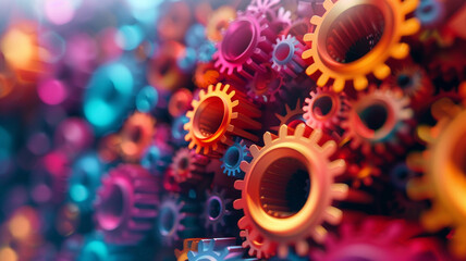 Interlocking gears composed of vibrant organic patterns, symbolizing the intricate harmony between nature and technology. - obrazy, fototapety, plakaty