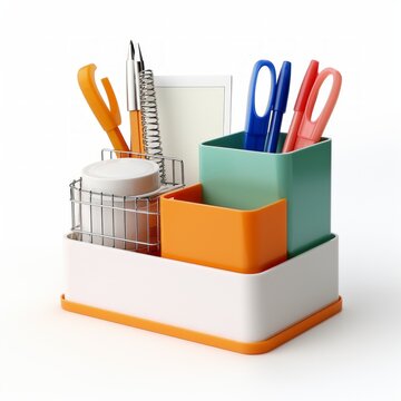 Stock image of a desk organizer set on a white background, functional, decluttering desk items Generative AI