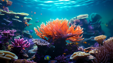 Fototapeta na wymiar Beautiful undersea tropical fluorescent sea anemone on deep sea coral reef