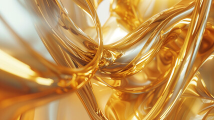 Liquid gold tendrils dancing gracefully around an abstract chrome structure, encapsulating the essence of elegance and innovation. - obrazy, fototapety, plakaty