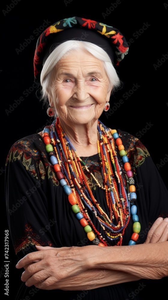 Poster stock image of a grandma in traditional clothing against a plain white background generative ai