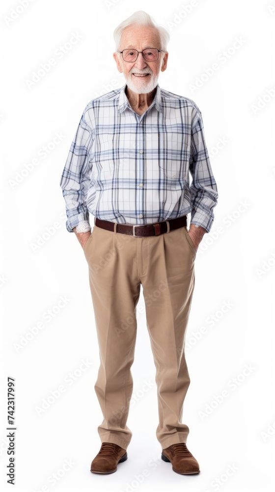 Poster stock image of a grandpa in a shirt and trousers on a plain white background generative ai