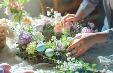 Obraz na płótnie Canvas Florist Arranging Beautiful Easter Flowers and Pastel Eggs in Warm Sunlit Room