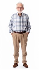 Fototapeta premium Stock image of a grandpa in a shirt and trousers on a plain white background Generative AI