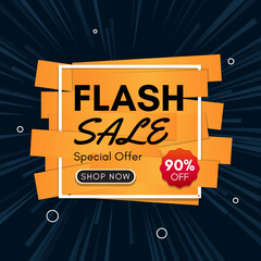 Flash Sale Banner with 90% off Discount Tag. Shop Now. Special Offer. Vector Illustration.