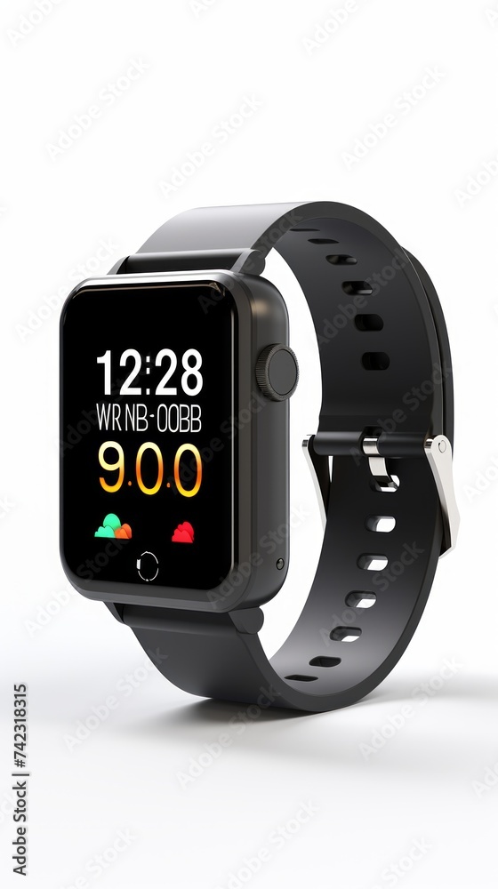 Poster stock image of a modern smartwatch on a white background, technology and health tracking generative 