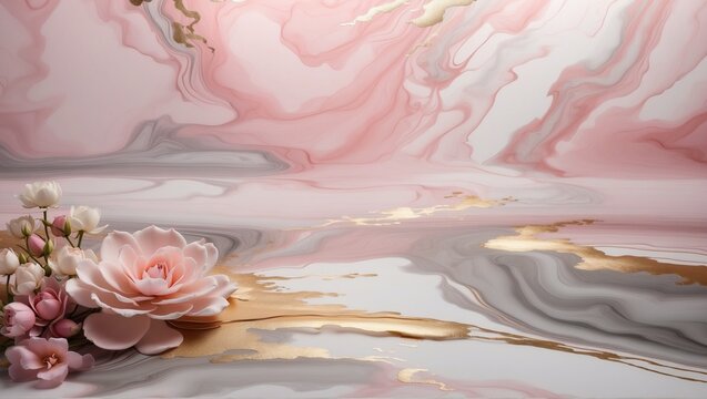 Abstract texture of gold, pink and gray marble with flowers. Modern, luxurious, elegant style. Art, decor, modern concept. Suitable for wallpaper, background, canvas, wedding design, with copy space 