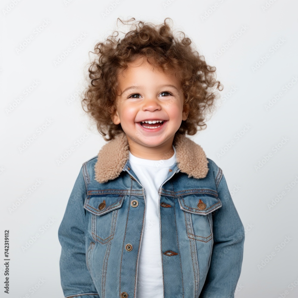 Poster Stock image of a toddler in a denim jacket against a plain white background Generative AI